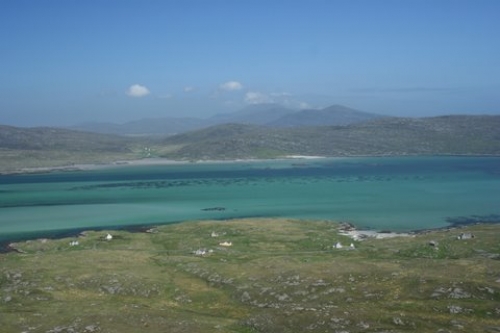 Eriskay looking north to South Uist with ponies in foreground.
