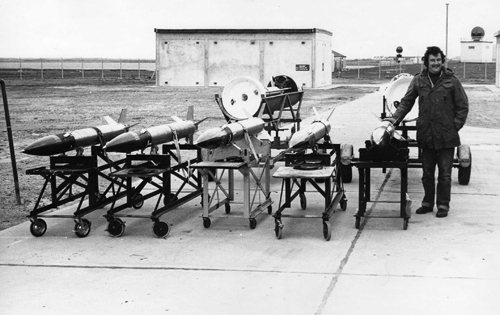 Seven Petrel sounding rockets prior to firing at the Royal Artillery Range, South Uist. The hairy monster standing beside them is a very much younger me. I think it was taken in the early 70s. At the time it was a record for the number of such rockets fired in one day.