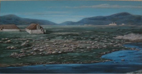 This is a painting I had done from the only but old photo I have of the Crofthouse my grandmother, Maggie Jane Steele was born in.455 Strome, North Lochboisdale, South Uist(sadly no longer there) which stood over the Strome & facing The Strome Bridge & to the left in the distance was once home of The MullachAnne Marie (MacKinnon)